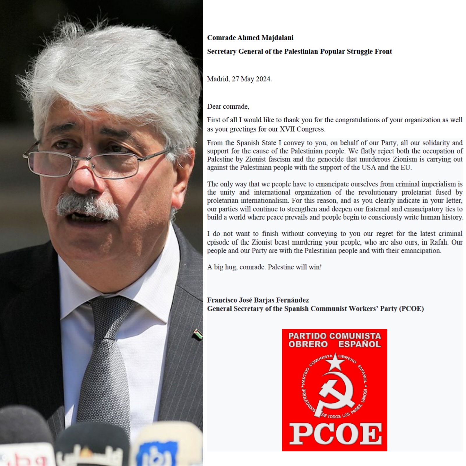 د. مجدلاني يتلقى برقية تضامنية من أمين عام حزب العمال الشيوعي الاسباني