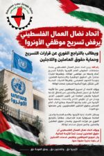 اتحاد نضال العمال الفلسطيني يرفض تسريح موظفي الأونروا ويطالب بالتراجع الفوري عن قرارات التسريح وحماية حقوق العاملين واللاجئين اتحاد نضال العمال الفلسطيني يرفض تسريح موظفي الأونروا ويطالب بالتراجع الفوري عن قرارات التسريح وحماية حقوق العاملين واللاجئين